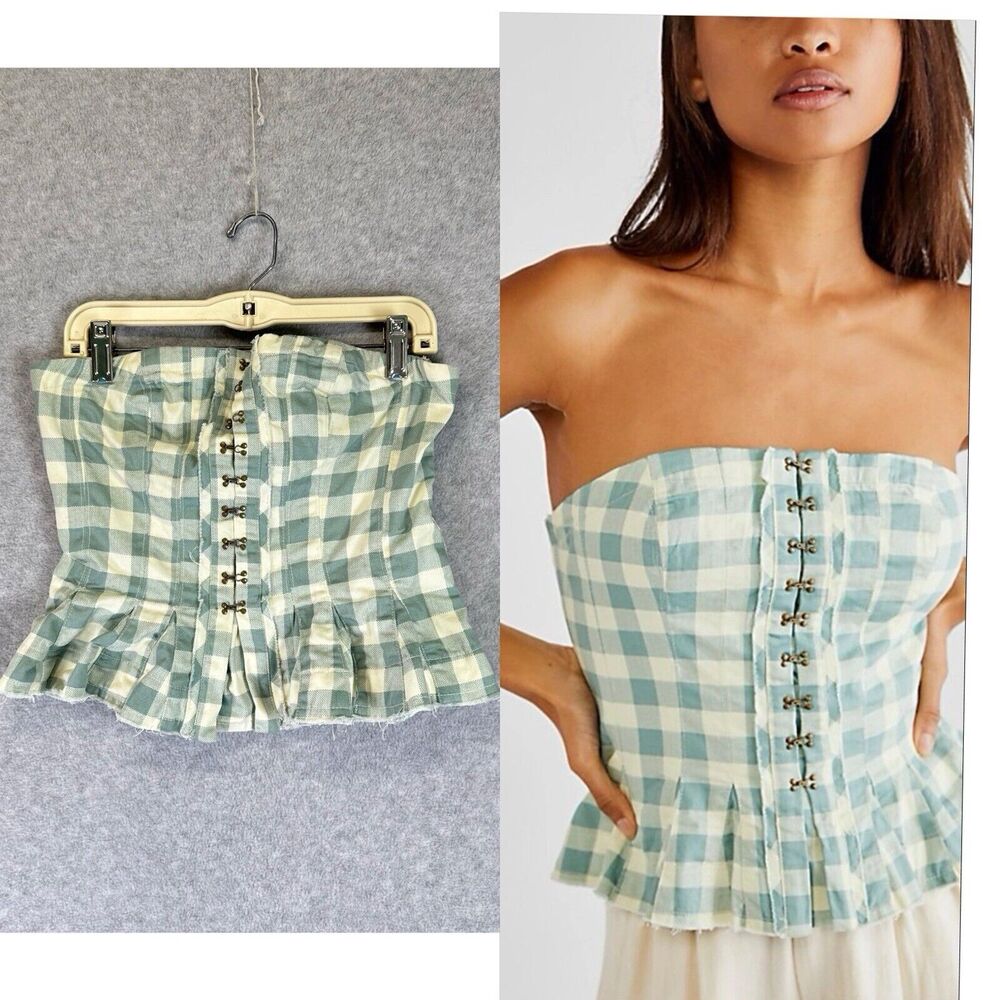 Free People Corset Bandeau Top Women’s XS Multicolor Plaid Tube Strapless Peplum